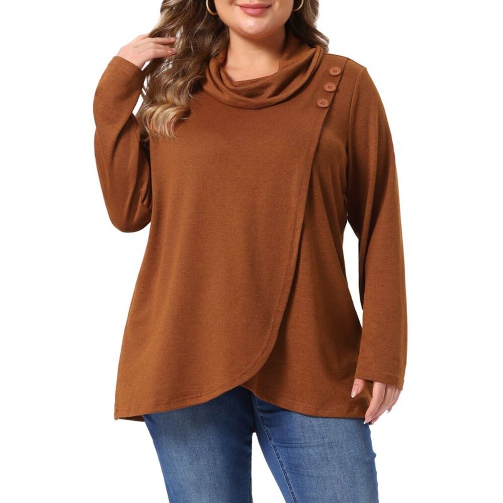 Women Plus Size Cowl Neck Long Sleeve Knit Tops Orange Brown